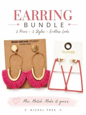 2 Pair Statement Earring Bundle Pink Tassel & Coral Geometric Drop Earrings